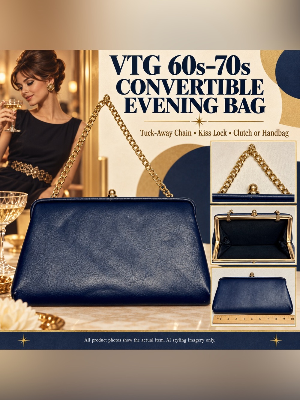 VTG 60s Navy Blue Convertible Clutch Gold Chain Kiss Lock Evening Bag MCM Mod